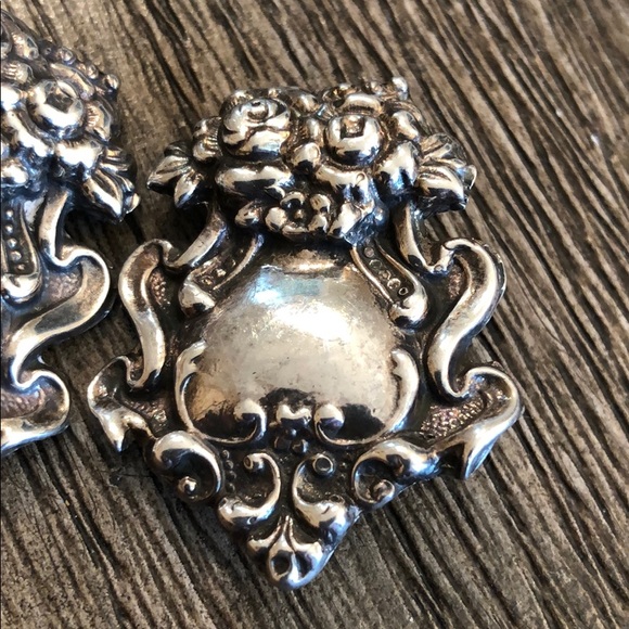 Sterling Silver Repousse Clip Earrings Baroque - Picture 12 of 15